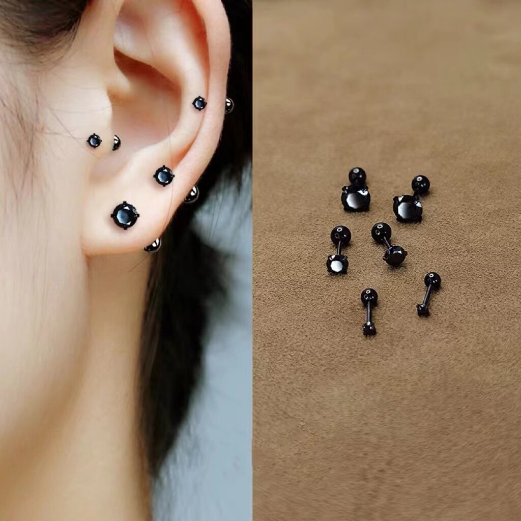Womens Round Black CZ Crystal Screw Back Earrings Surgical Steel Ear Stud 2Pcs