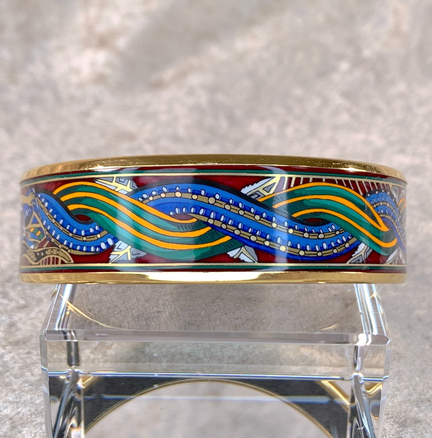 Vintage Hermes Bangle Bracelet Red Green Blue Enamel Mermaid Ladies Gold Rim 65