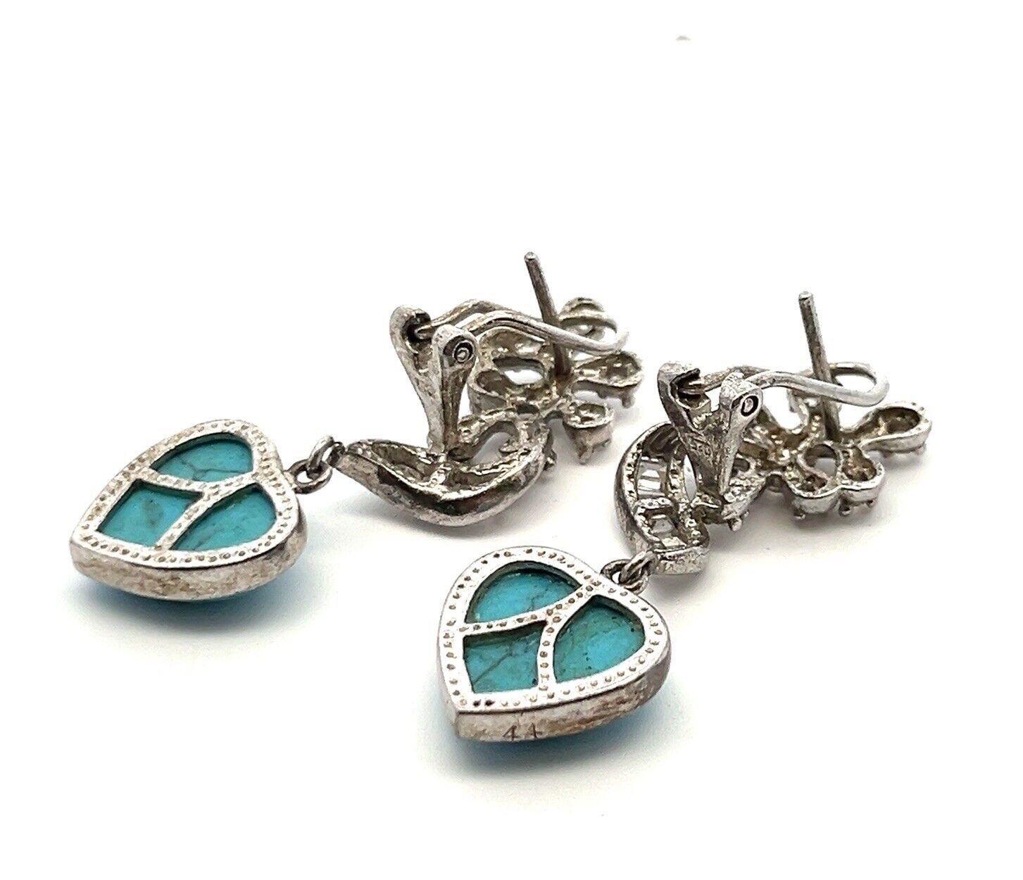 925 Sterling Silver Omega Back CZ & Turquoise Heart Dangle Earrings 9.1g