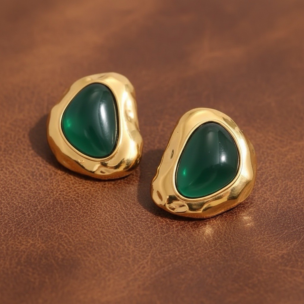 Molten Earrings Museum Modern Art Green Stud Statement Cabochon Hammered VTG