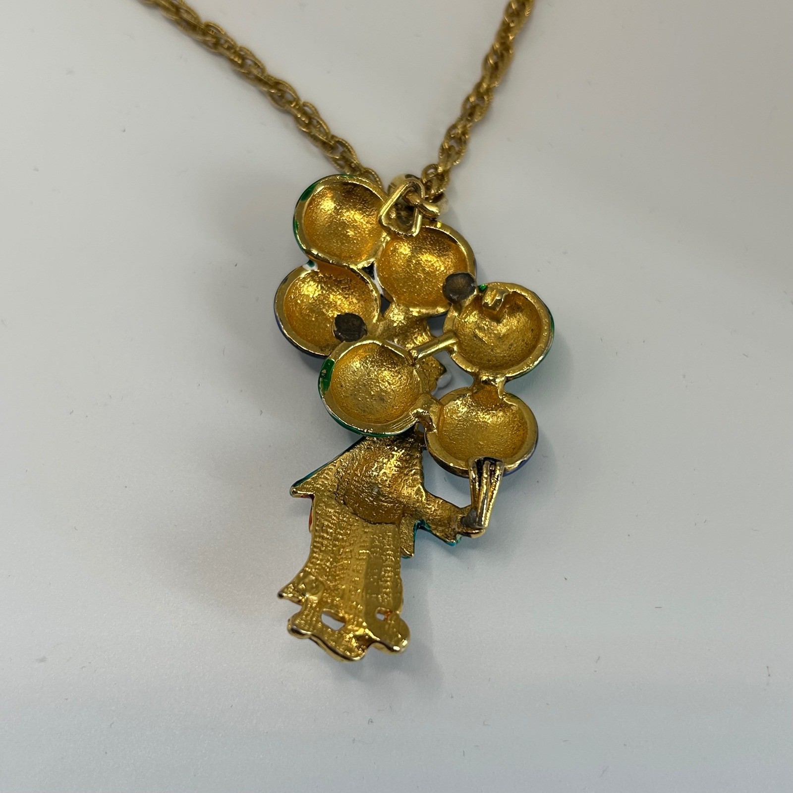 Vintage Enamel Clown Balloons Pendant Necklace Gold Tone Blue Red Green Circus