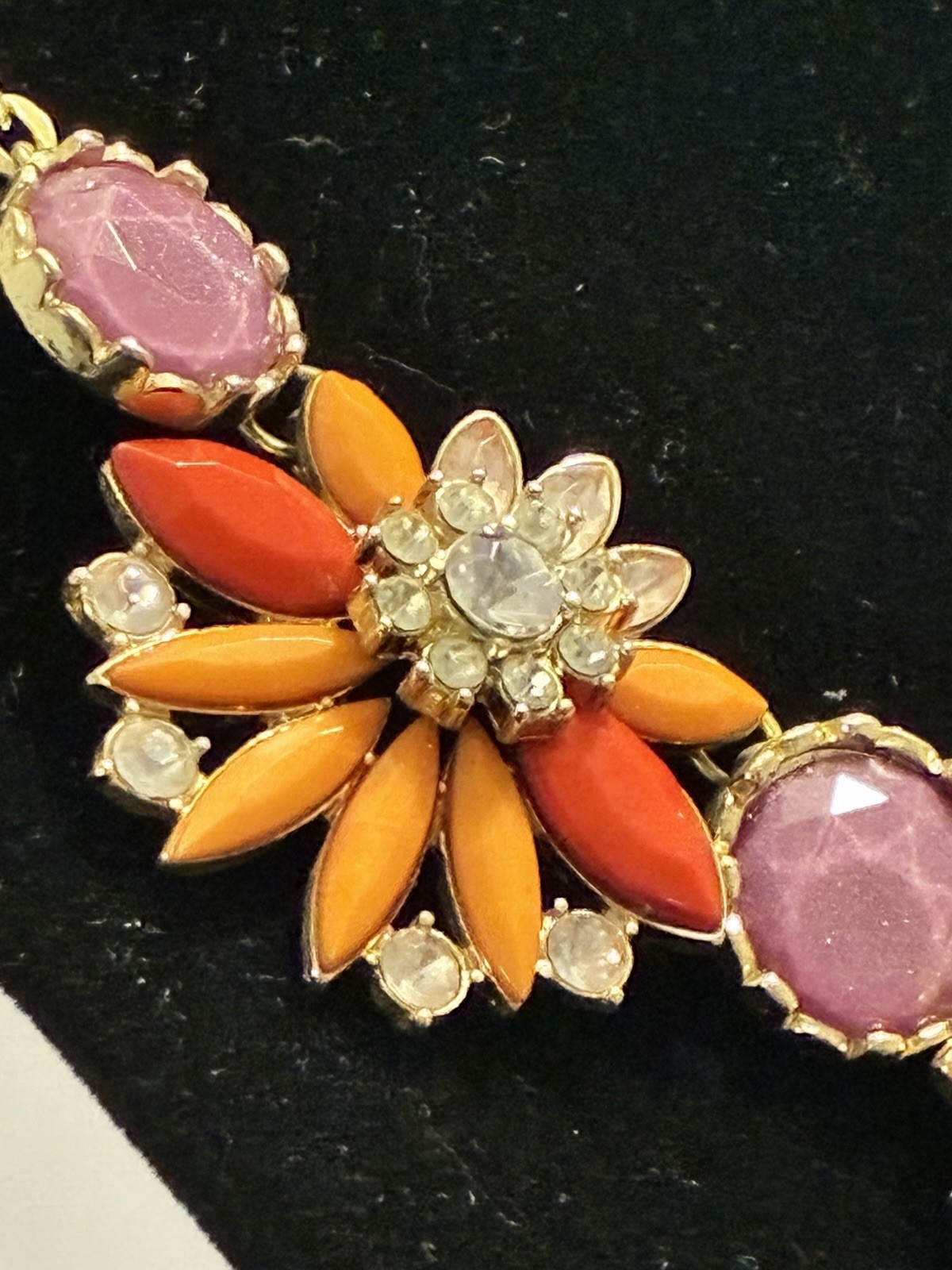 Chunky Floral Bib Statement Necklace Gold Tone Orange Pink Rhinestone Flower 20″