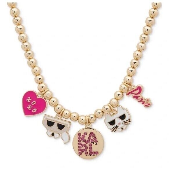 New KARL LAGERFELD Paris Charm Fashion Necklace Choupette Cat Pink Rhinestone