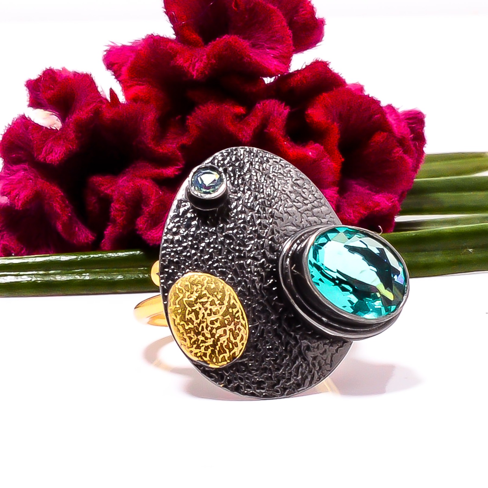 Paraiba Tourmaline Black And Gold Plated 925 Sterling Silver Ring s.7 Sku79