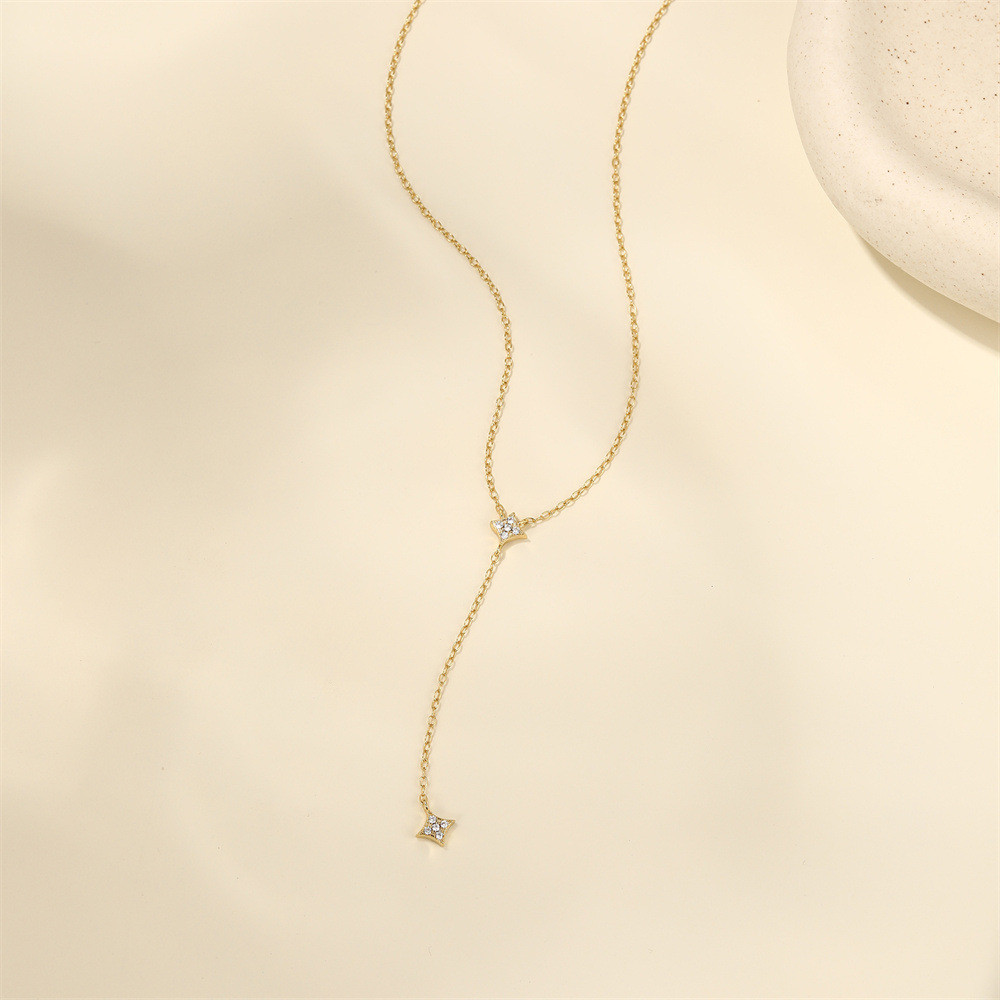 Gold Plated 925 Sterling Silver CZ Four Point Star Y Lariat Necklace