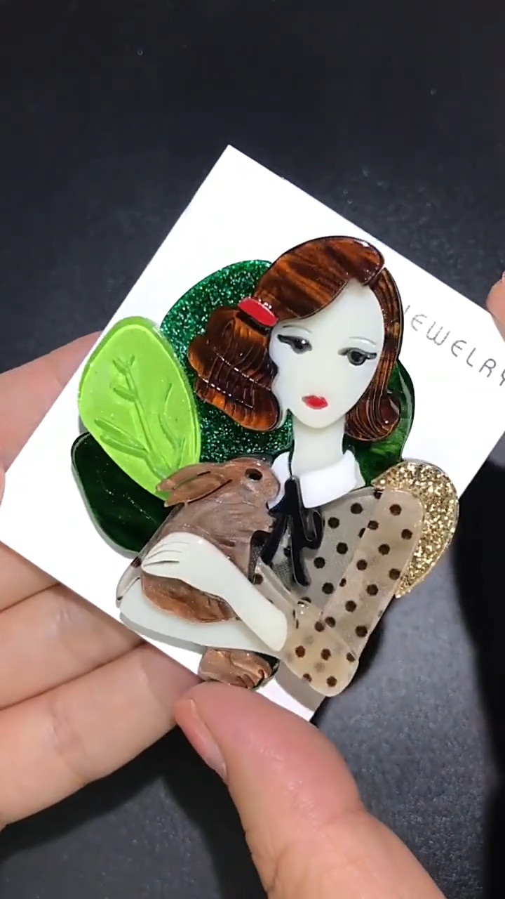 Lady Brooch Acrylic Hug Rabbit Quiet For Women Girl Figure Brooches Pin Gifts