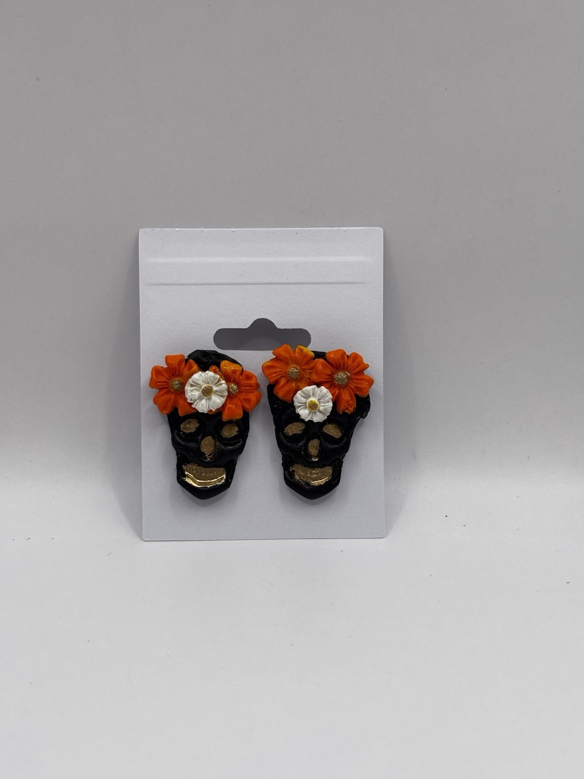 Skull Flower Stud Earrings – Black Orange White Gold Resin/Plastic Halloween