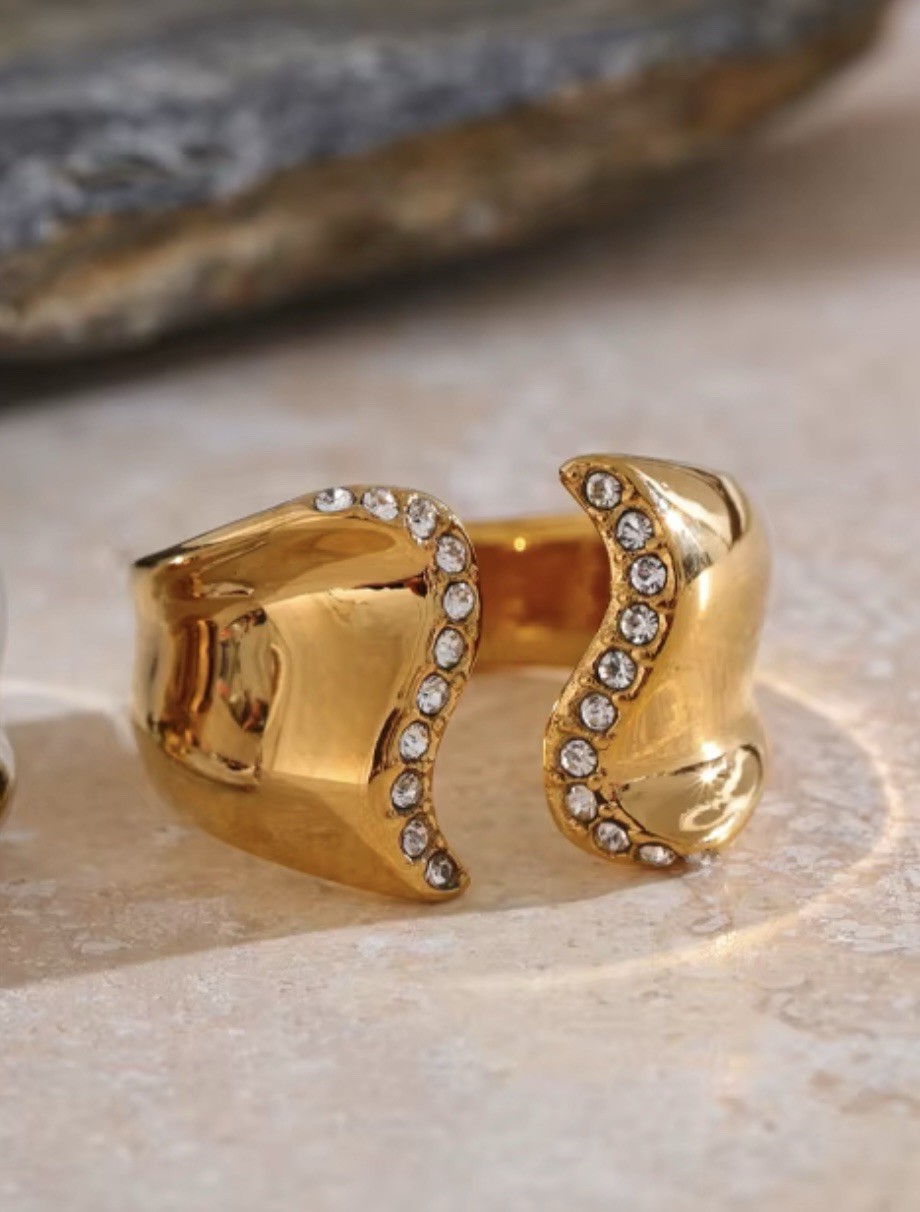 Sculptural Gold Ring Open 7 6 CZ Boho Sz Art Deco Nouveau Boho VTG Wave Crystal