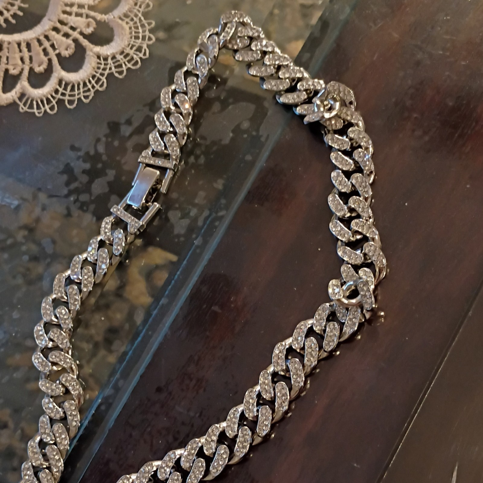 Silver Plated Cuban Link Chain Necklace Tiger Head Pendant CZ Pave Box Clasp