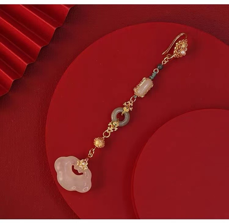 Qipao Frog Button Tassel Pendant, Gold Plated Serpentine Jade Waist Accessory