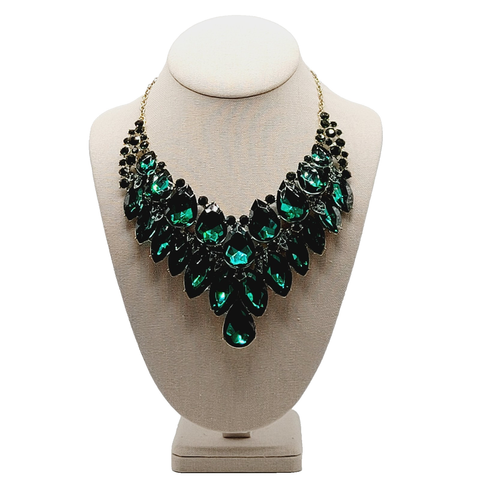 Christina Collection Green Faceted Glass Rhinestone Gold Tone Formal Necklace