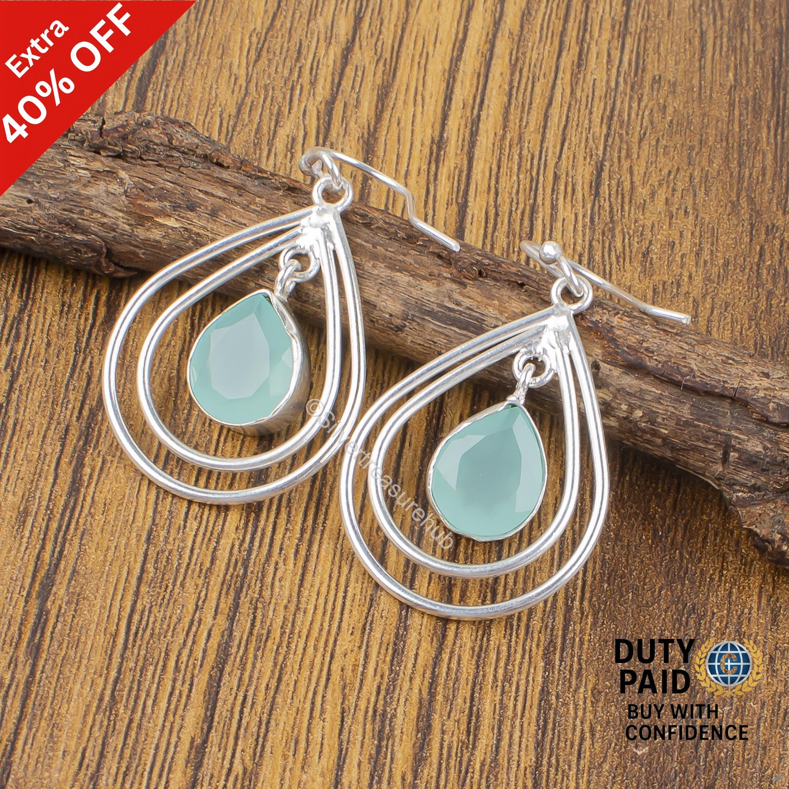 Pear Throat Chakra Aqua Chalcedony Gemstone Sterling Silver Dangle Drop Earrings