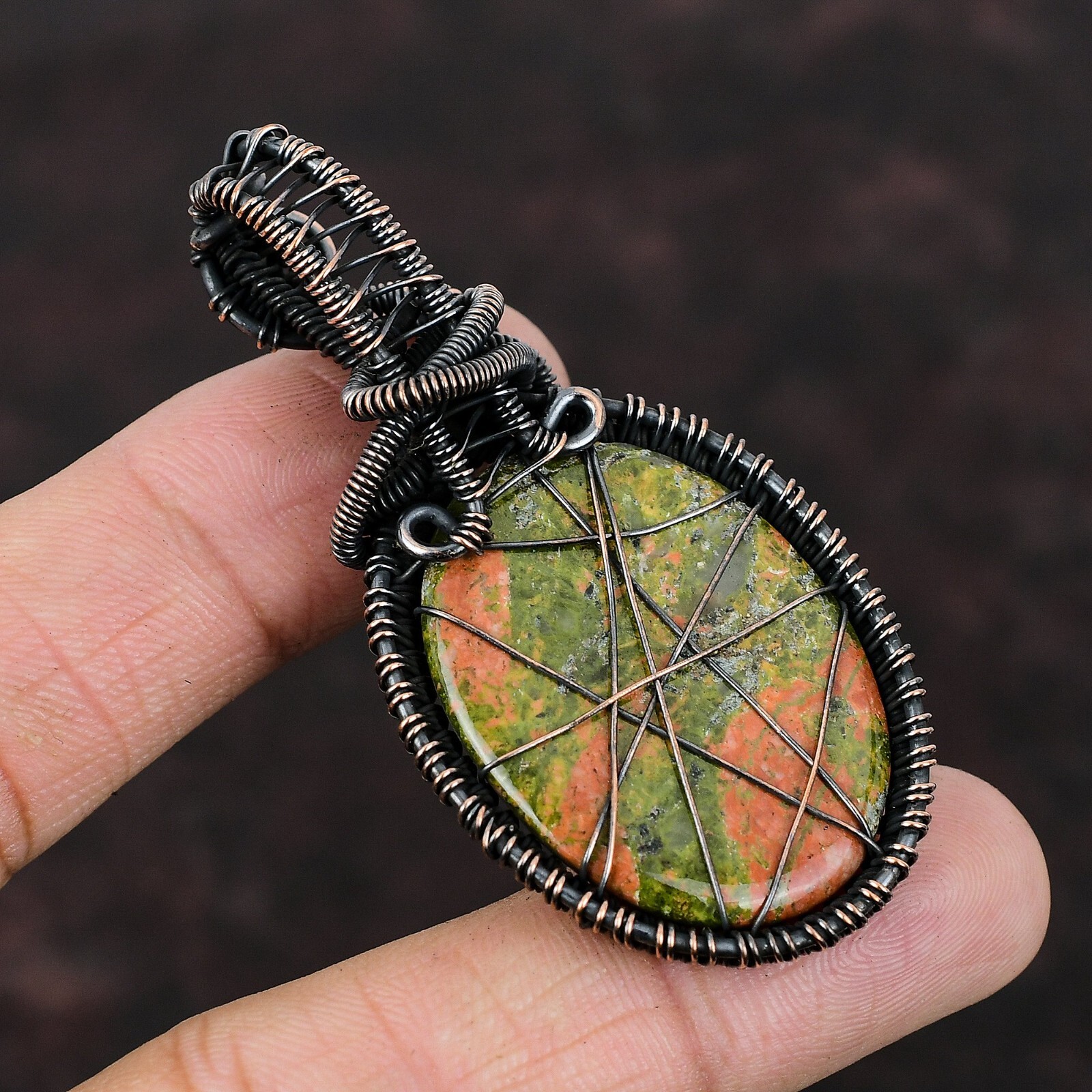 Unakite Gemstone Handmade Jewelry Copper Friend Gift Wire Wrapped Pendant 2.6″