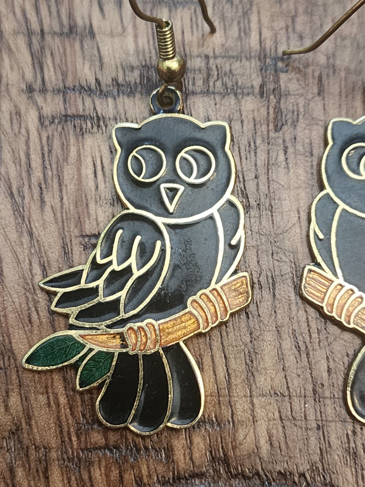 Owl Earrings Cloisonne Black Multi Color Dangling Drop