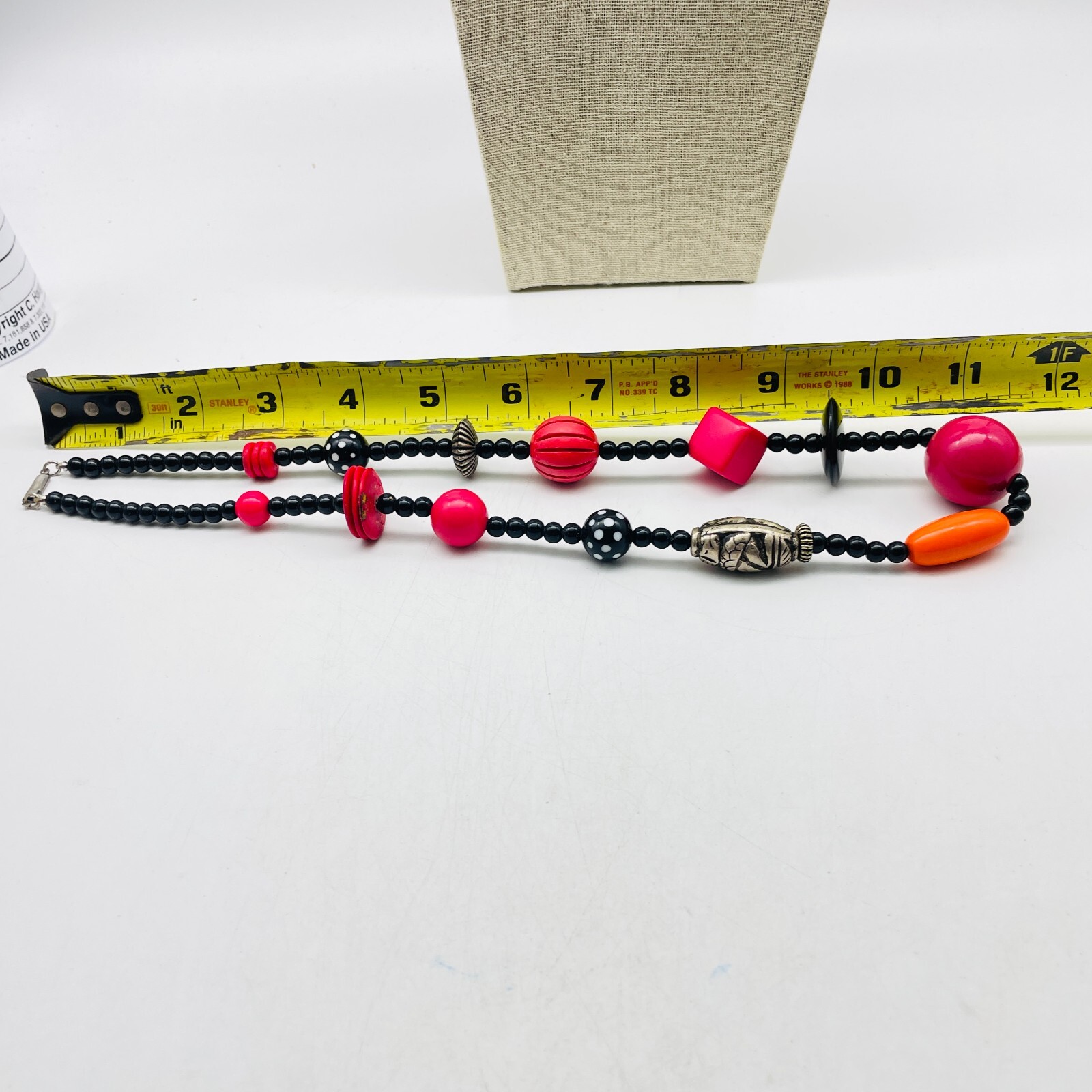 Beaded Station Necklace Black Pink White Orange Silver Tone Chunky Boho Festival