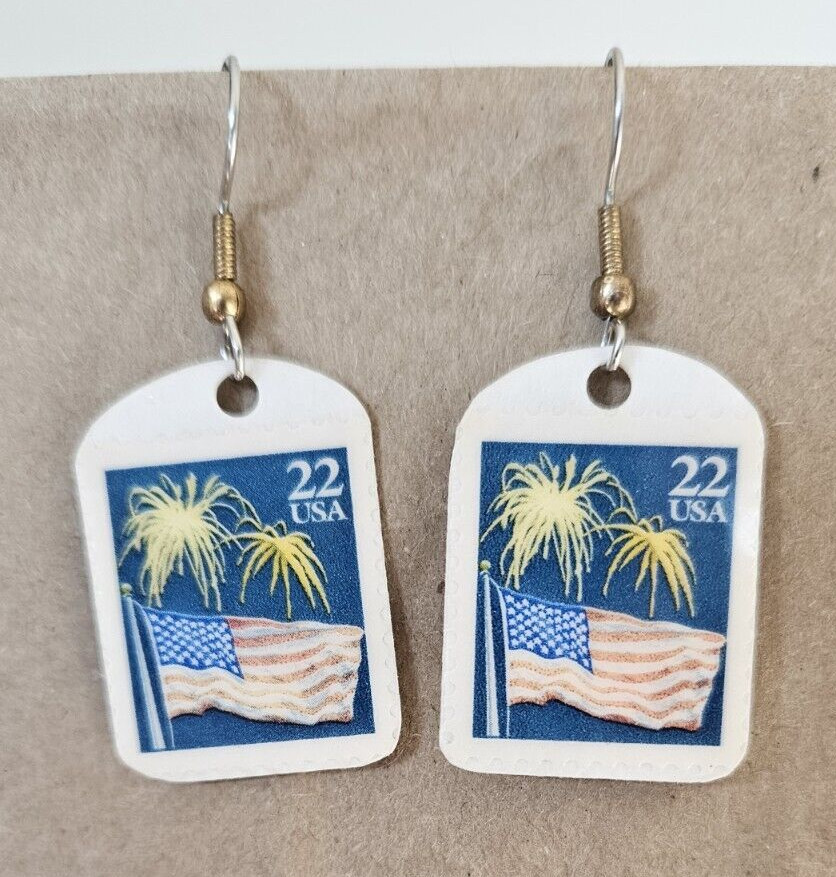 U.S. Flag Earrings Stainelss Wire Handmade Postage Stamp 22 cent lightweight USA