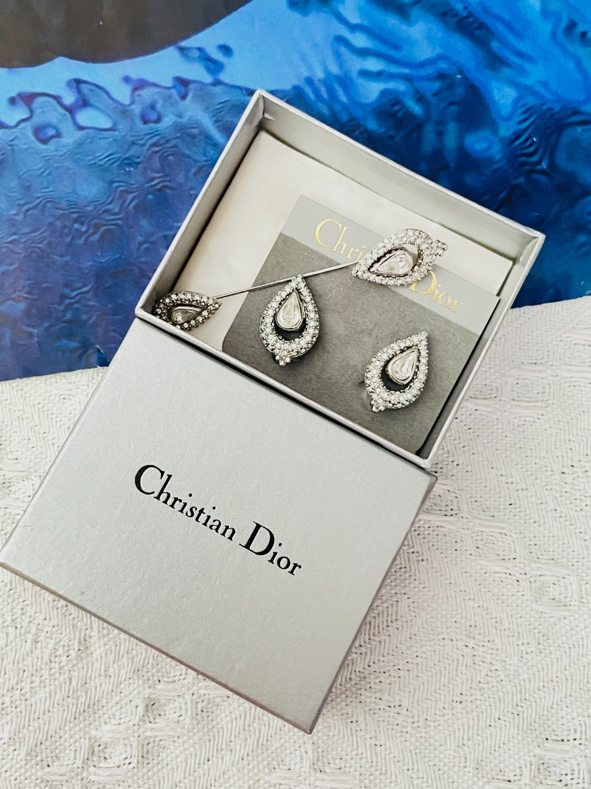 Christian Dior Vintage Peacock Eye Water Drop Whole White Crystals 2 Set, Silver