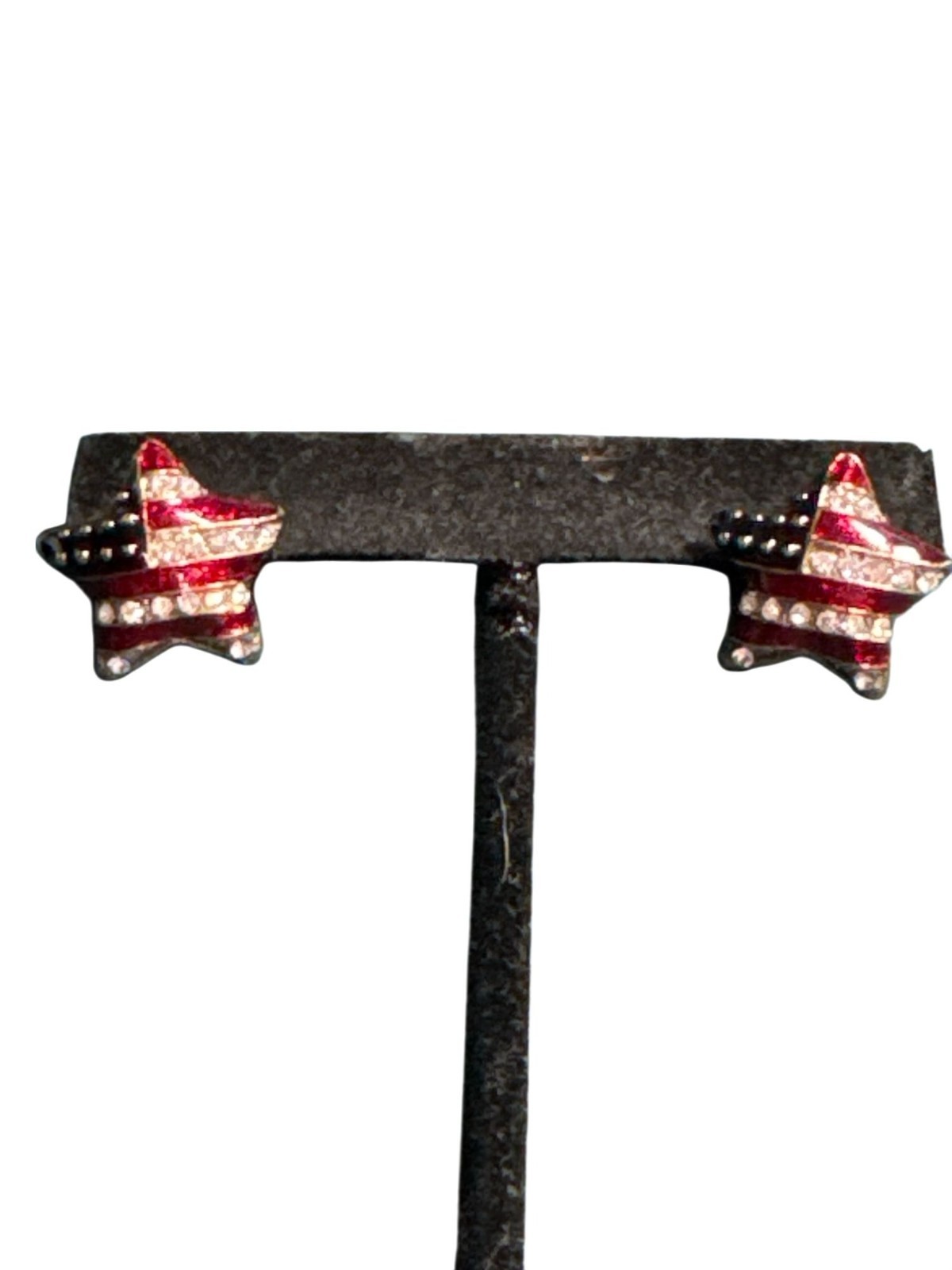 Patriotic Star Shaped Earrings With American Flag Design & Rhinestones Red Whit