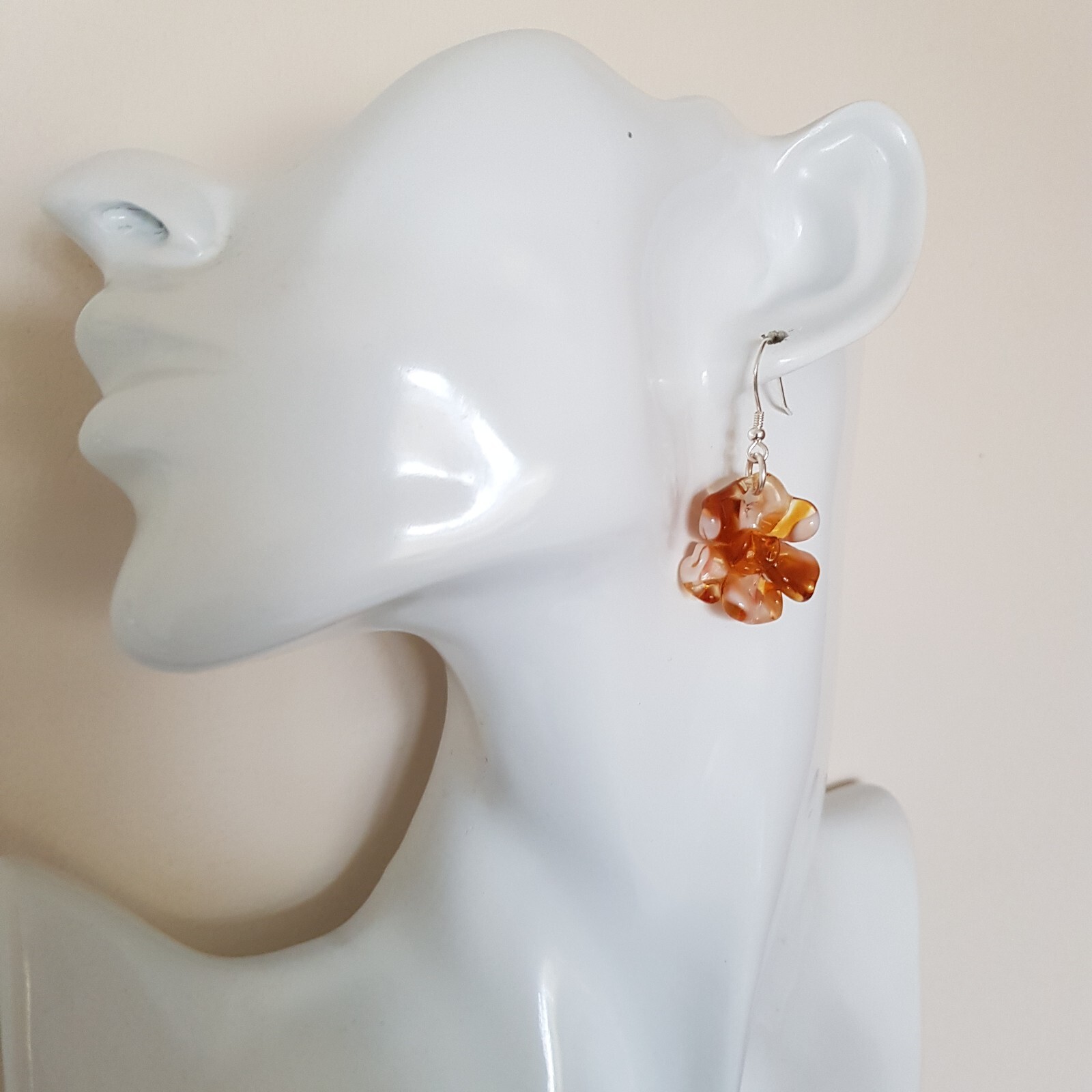 Dangle Drops Earrings Flowers Tea Brown Colors Murano Glass 925 Silver Hooks