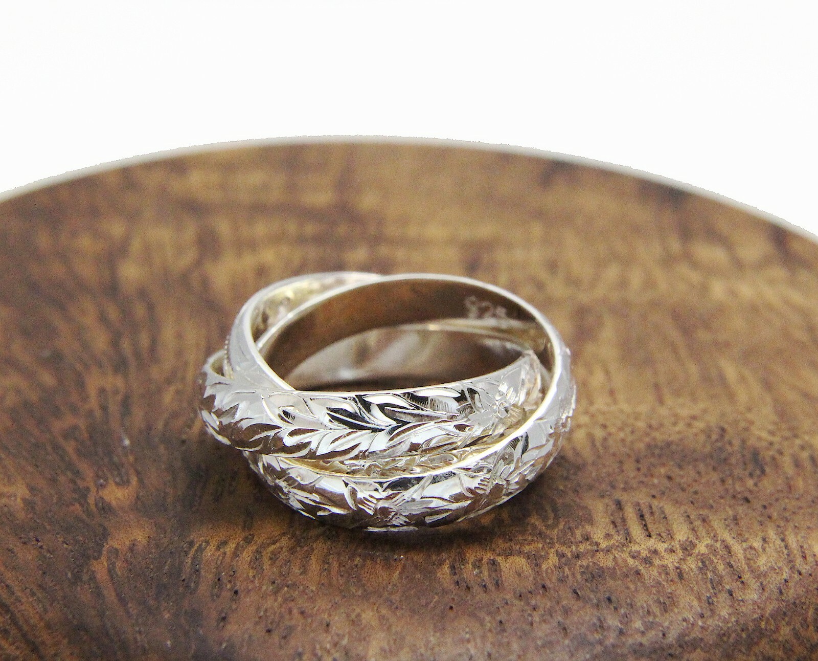 STERLING SILVER 925 3 IN 1 HAWAIIAN ENGRAVED PLUMERIA SCROLL MAILE LEAF RING