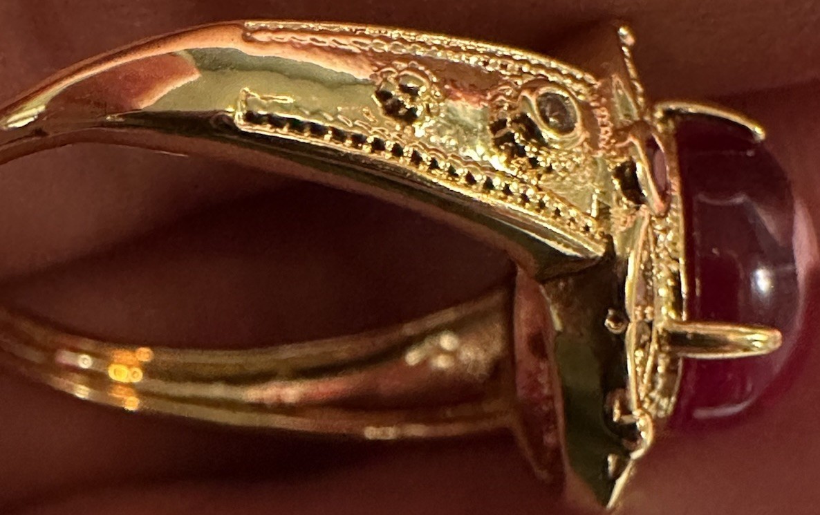 Yellow Gold Cocktail Ring Star Ruby Red Cabochon Prong Set, Size 8.5 Adjustable