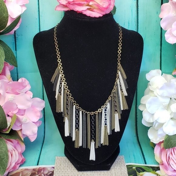 SILPADA KR Multi Tone Fringe Chain Necklace Gold Brass Gunmetal Tassel Statement