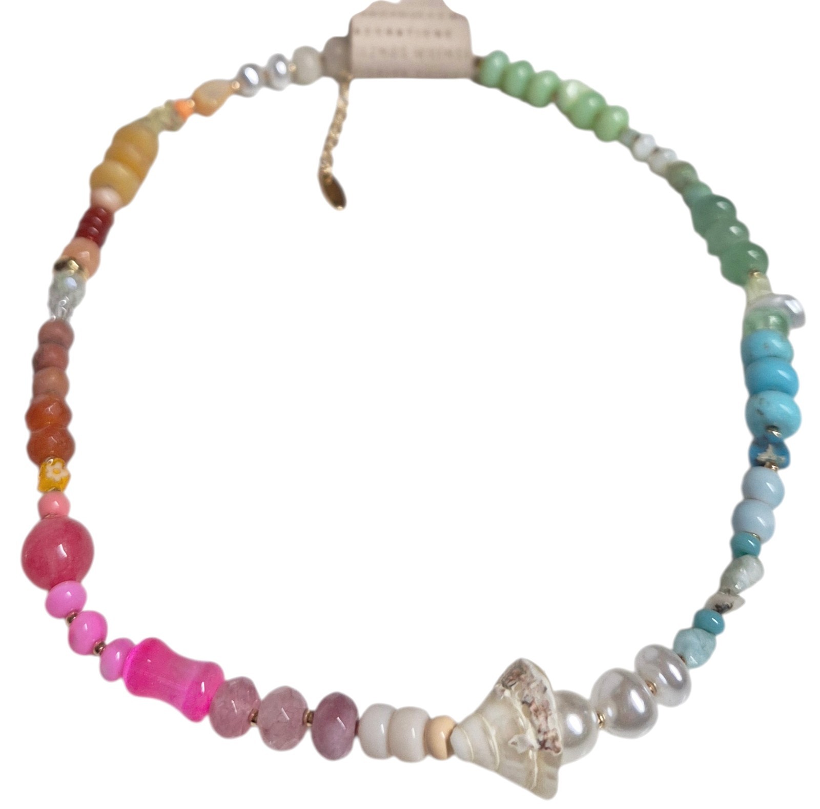 Anthropologie Beaded Shell Charm Necklace Multi-Color Gold Plated Brass New
