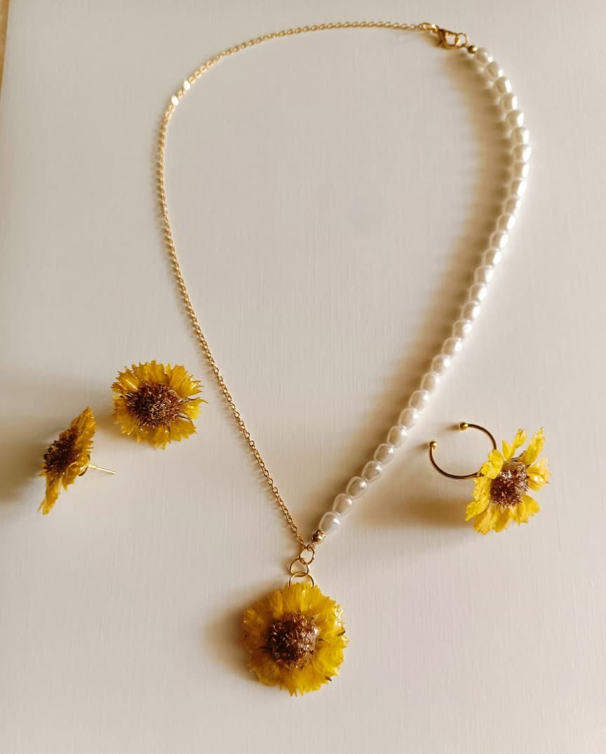 Real Pressed Sunflower Daisy Necklace Dangle Earrings Set Aesthetic Jewelry Gift