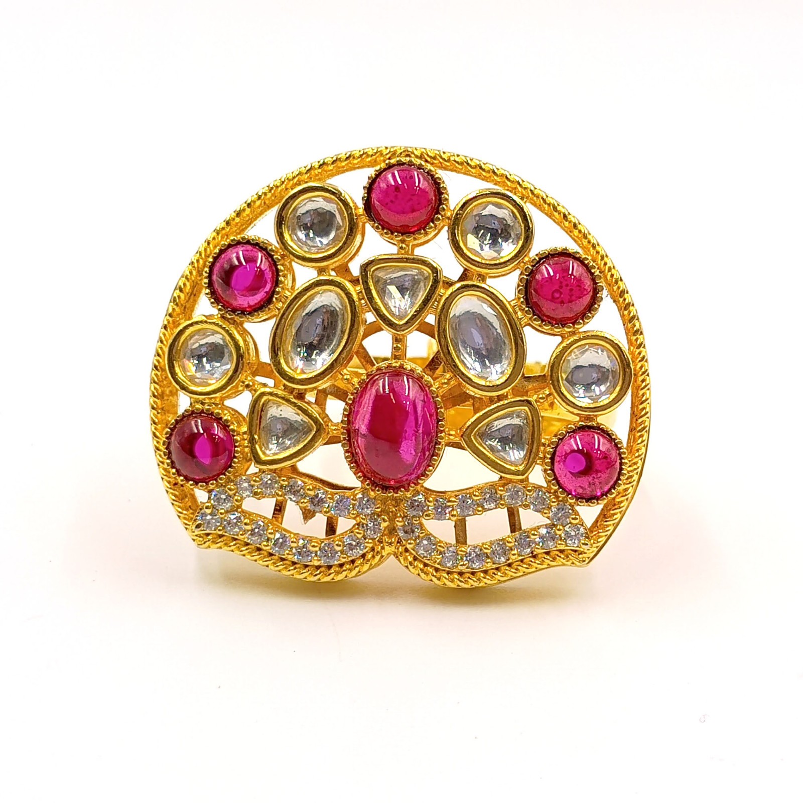 Traditional Indian Kundan Polki Ring Ruby Stone 22k Gold Plated Adjustable Band