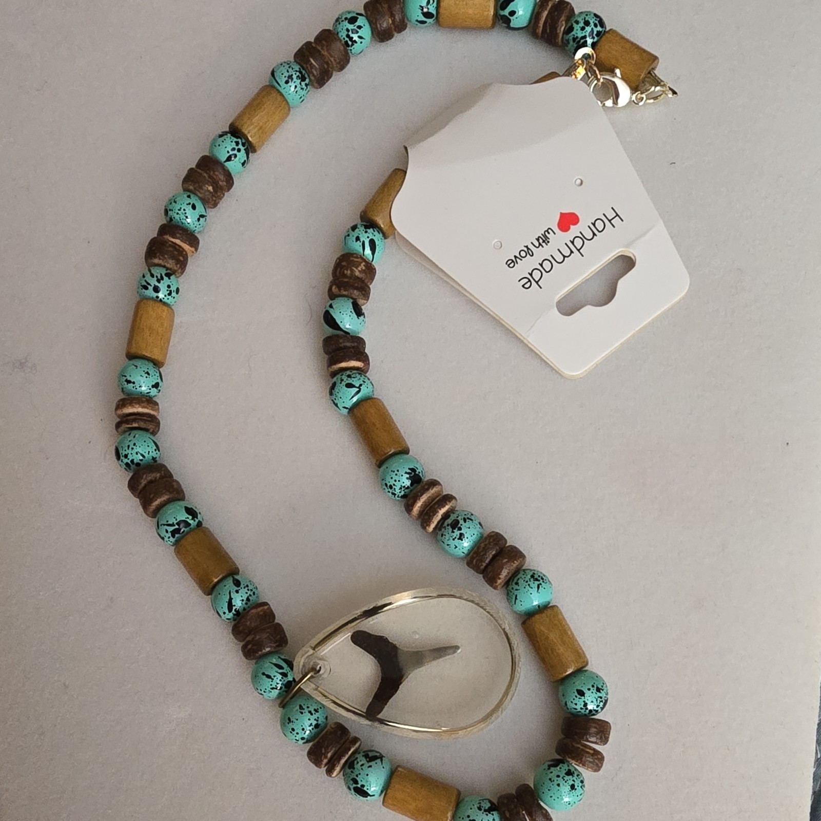 Handmade Resin Shark Tooth Pendant Beaded Necklace, Turquoise Brown Wood Beads