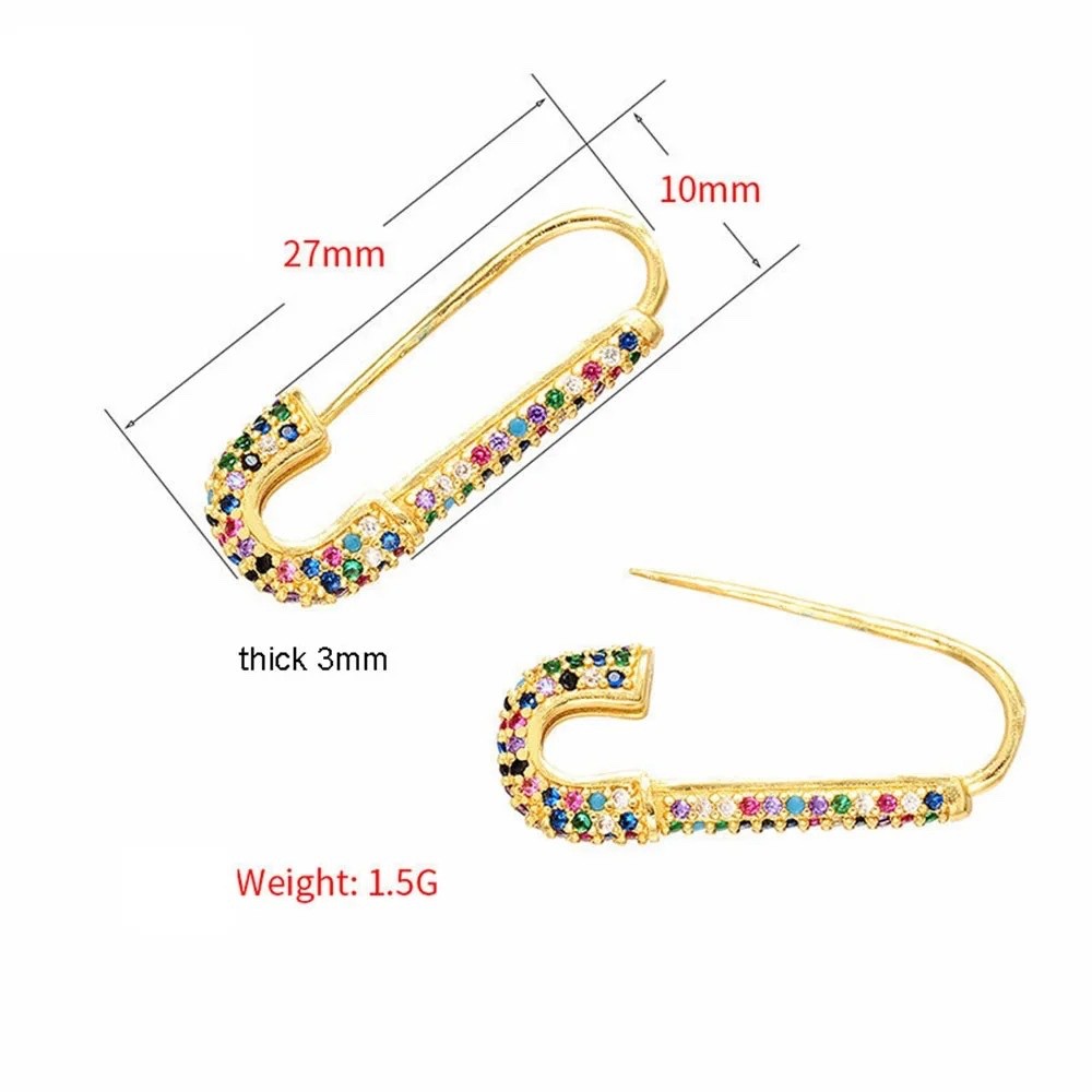 Brass Hoop Earrings Rhinestone Safety Pin Clip Gold Silver Red Green Blue Z313