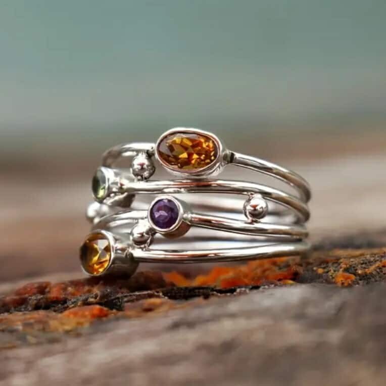 925 Sterling Silver Rainbow Citrine Amethyst Peridot Engagement Ring Size 7