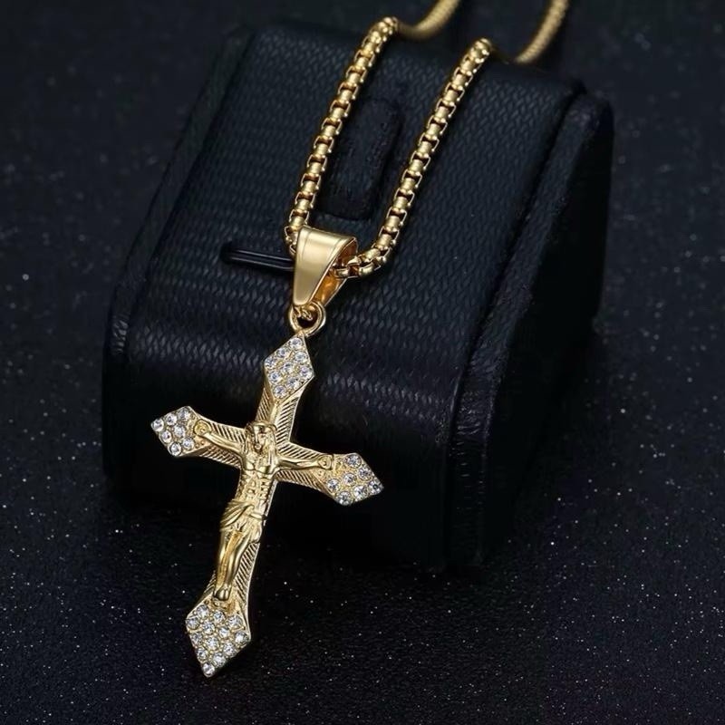 Gold Tone Cuban Link Chain Clear Crystal Cross Pendant Necklace Religious 24in