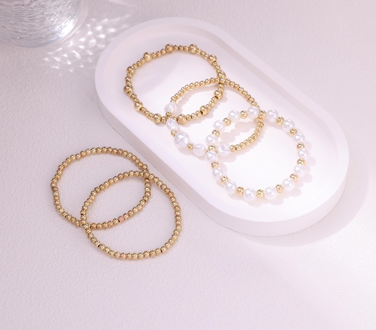 5Pcs Silver Gold Beaded Stretch Bracelet Stack Set Pearl Women Teen Jewelry