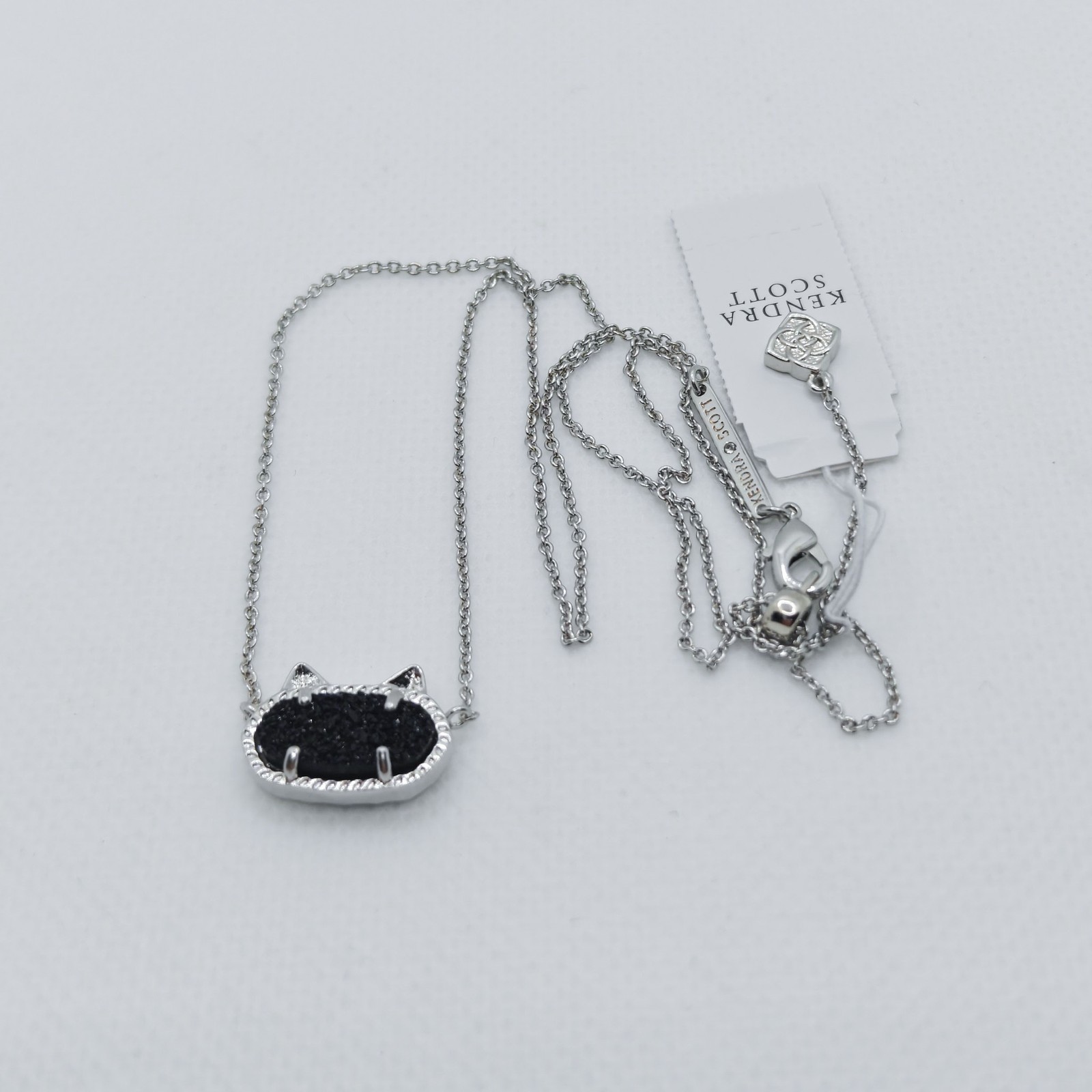 New Kendra Scott Elisa Silver Cat Kitty Pendant Necklace In Black Drusy