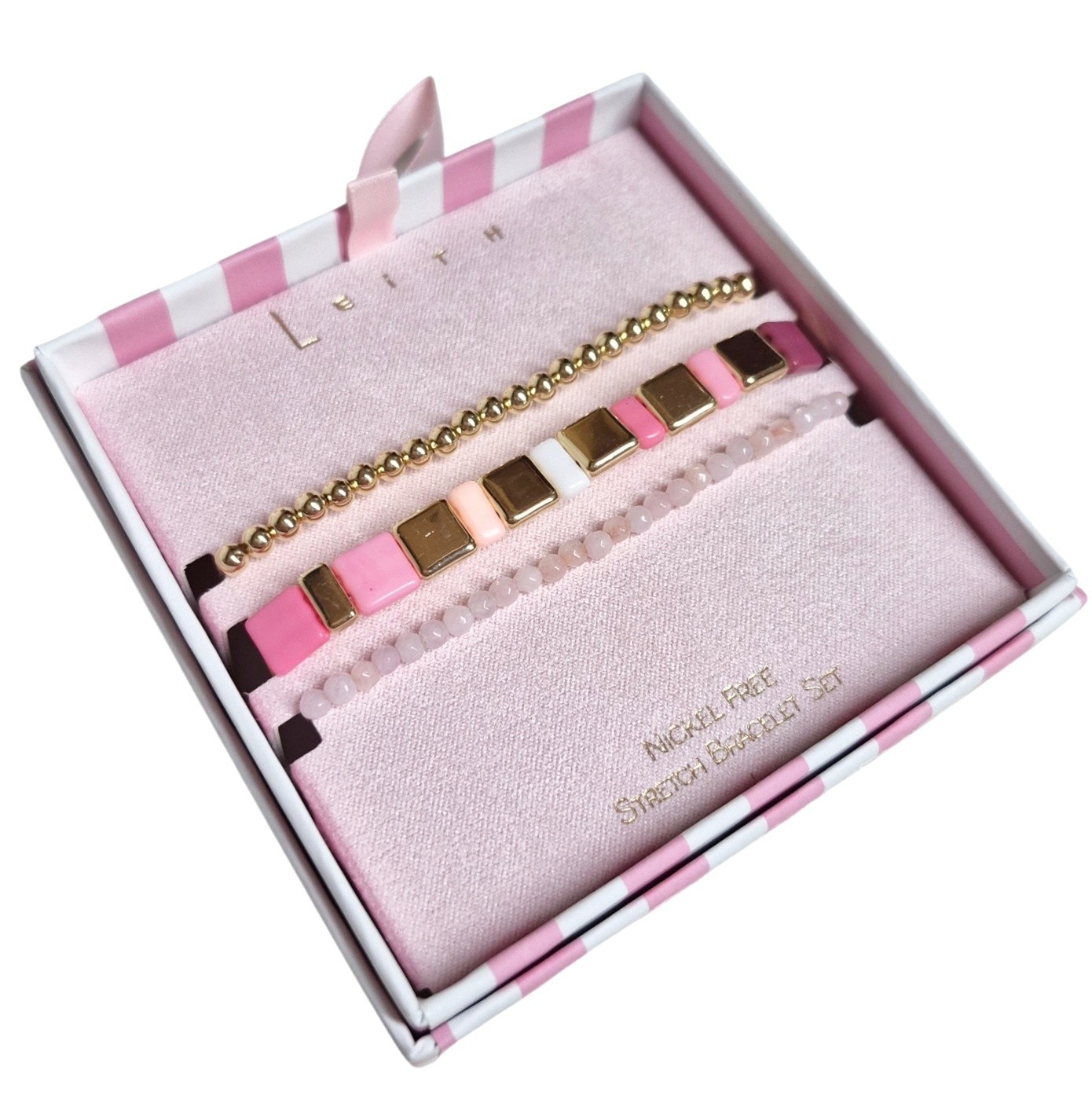 Leith Layered Stretch Bracelet Set of Three Pink White Goldtone Multi-Color NIB