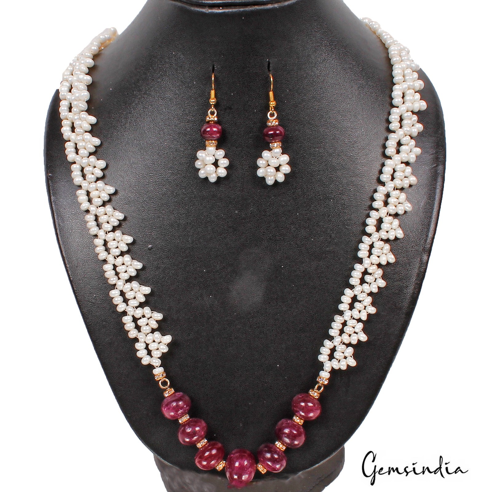 450 Ct Natural Freshwater Pearl & Ruby Beaded Handmade Necklace & Earrings 24″
