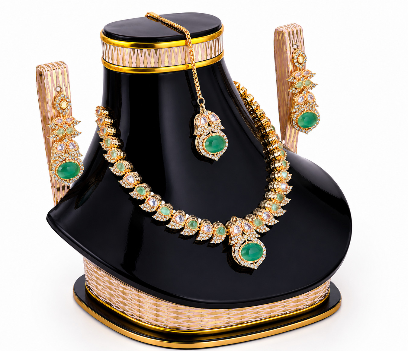 Gold Plated Bridal Jewelry Set Green Crystal Necklace Earrings Maang Tikka