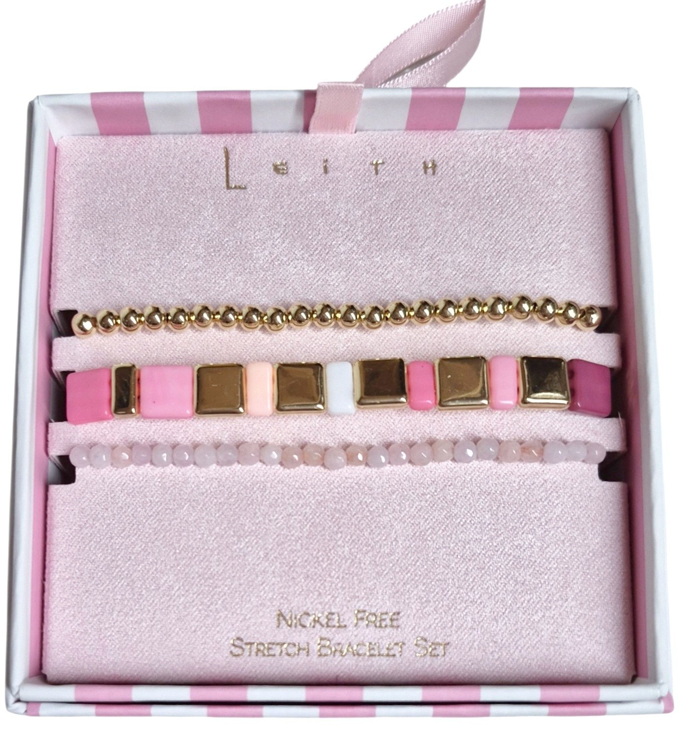 Leith Layered Stretch Bracelet Set of Three Pink White Goldtone Multi-Color NIB