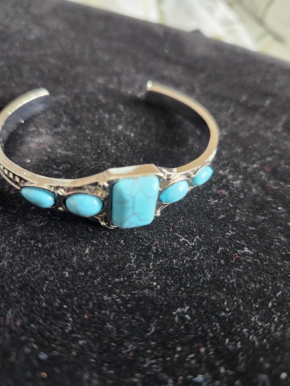 Silver Cuff Bracelet with 5 Oval Turquoise Blue Stones, Metal Stone