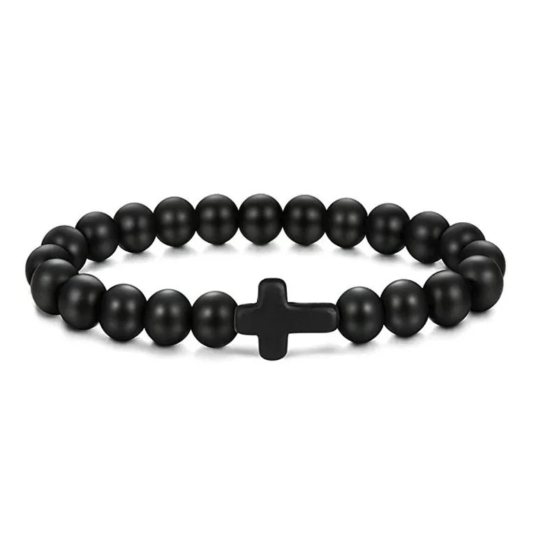 1pc Natural Stone & Wood Bead Prayer Bracelet with Cross – NEW
