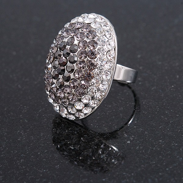 Oval Dome Shape Clear/ Grey Crystal Ring In Silver Tone Metal – 30mm Long – 7/8