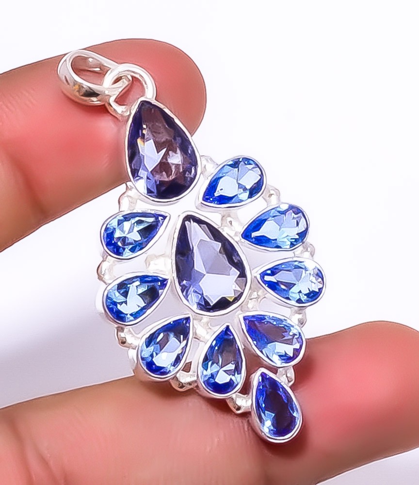 Iolite & Tanzanite Quartz 925 Sterling Silver Pendant 2.11″ A384