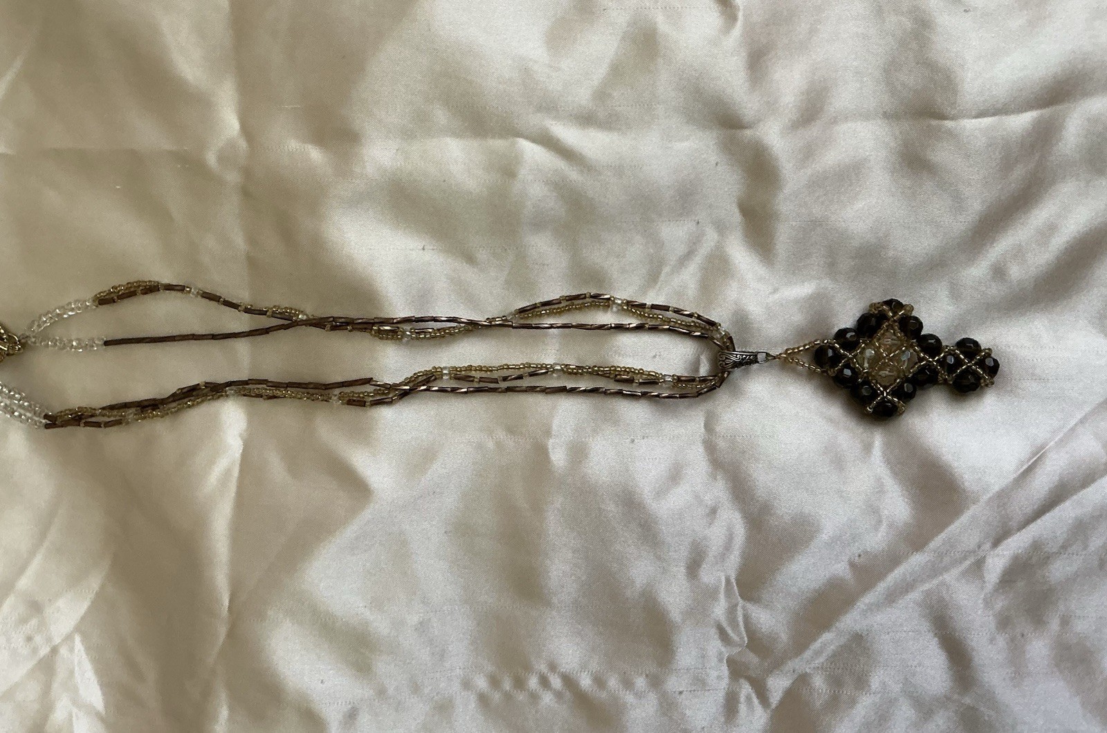 Gold Tone Beaded Necklace Cross Pendant Black Beads Clear Crystal Lobster