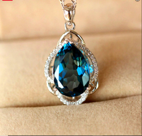 Lab Created London Blue Topaz Tea Drop Pendant 14K White Gold Finish Free Chain