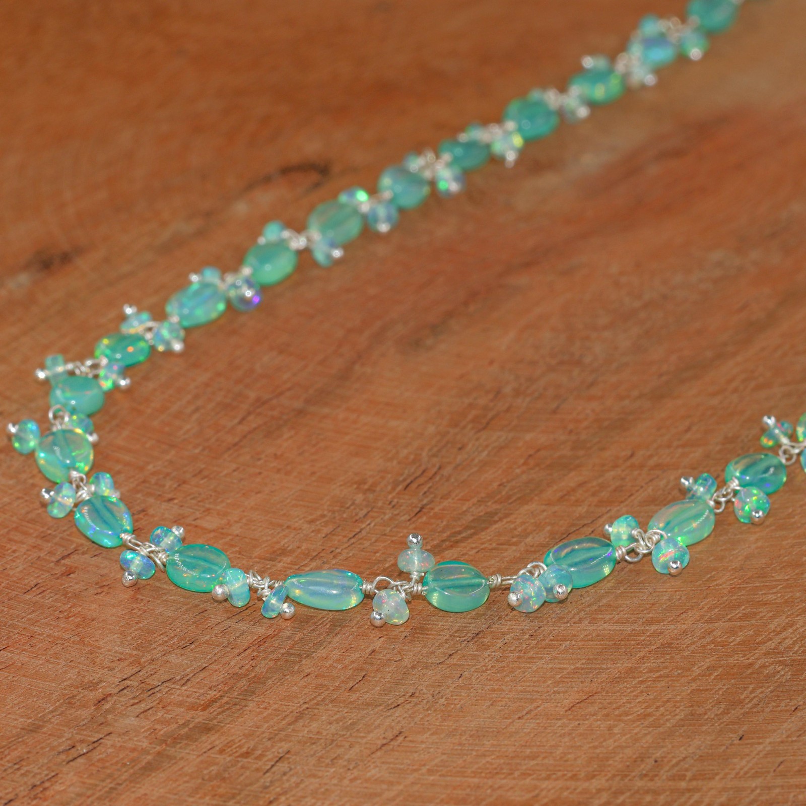 Genuine Green Opal Gemstone Tumble Beads Necklace, Multifire Green Opal Beads