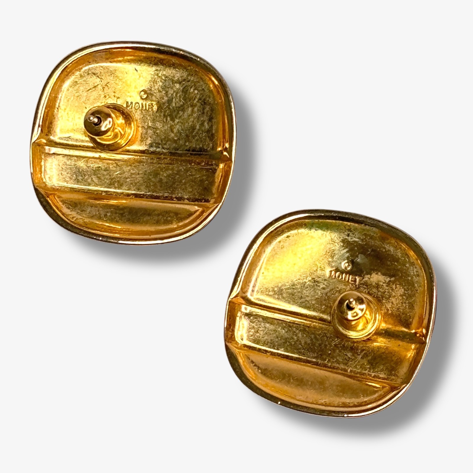 Monet Red Enamel Gold Tone Square Post Earrings c1980s Modernist Design 7/8 inch