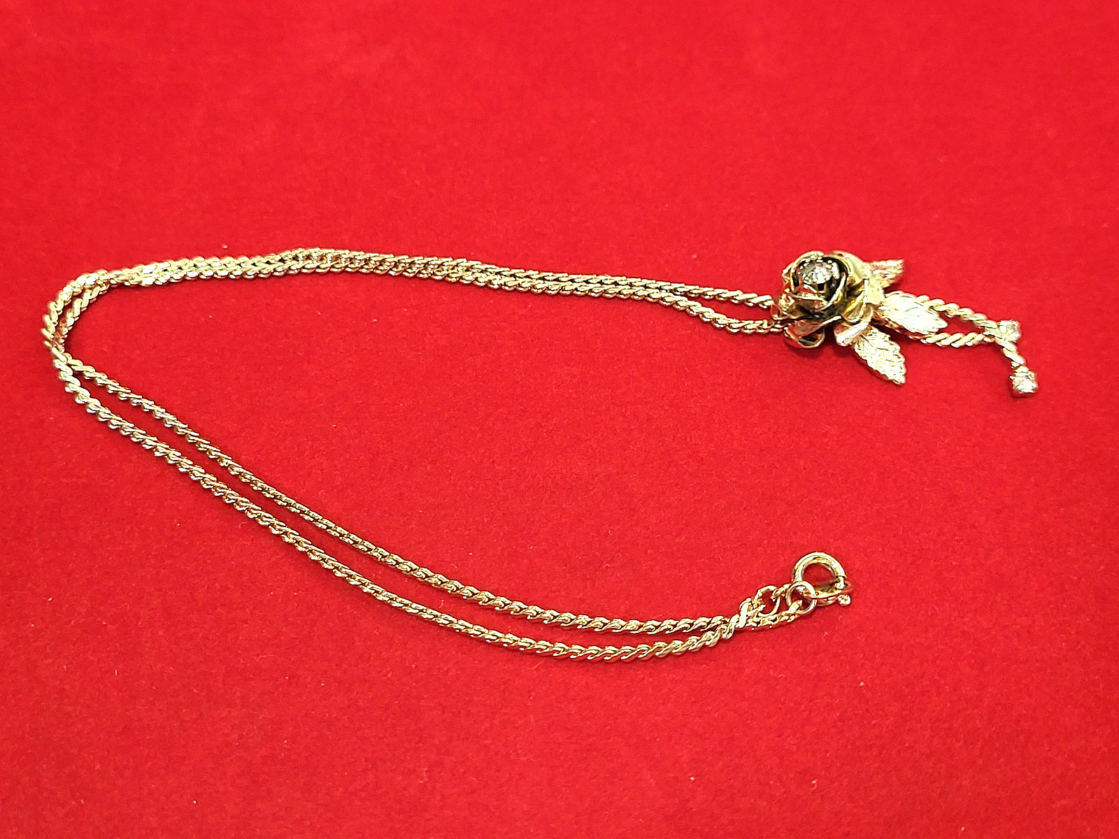 Pretty Fashion Goldtone Necklace with Rhinestone Accented Rose on 16″ Chain