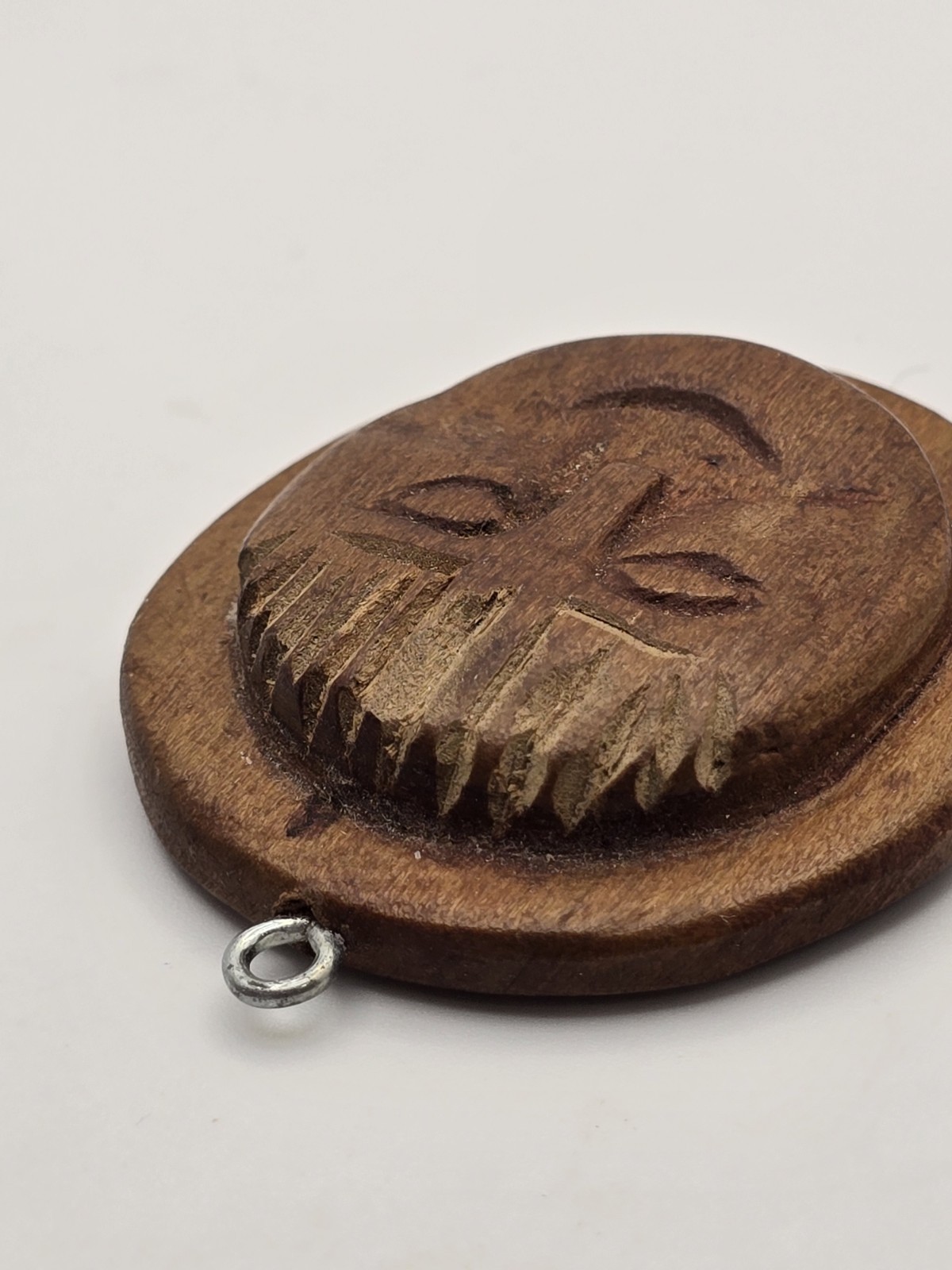 Vintage Handmade Folk Art Carved Wood Relief Wooden Moon Face Necklace Pendant