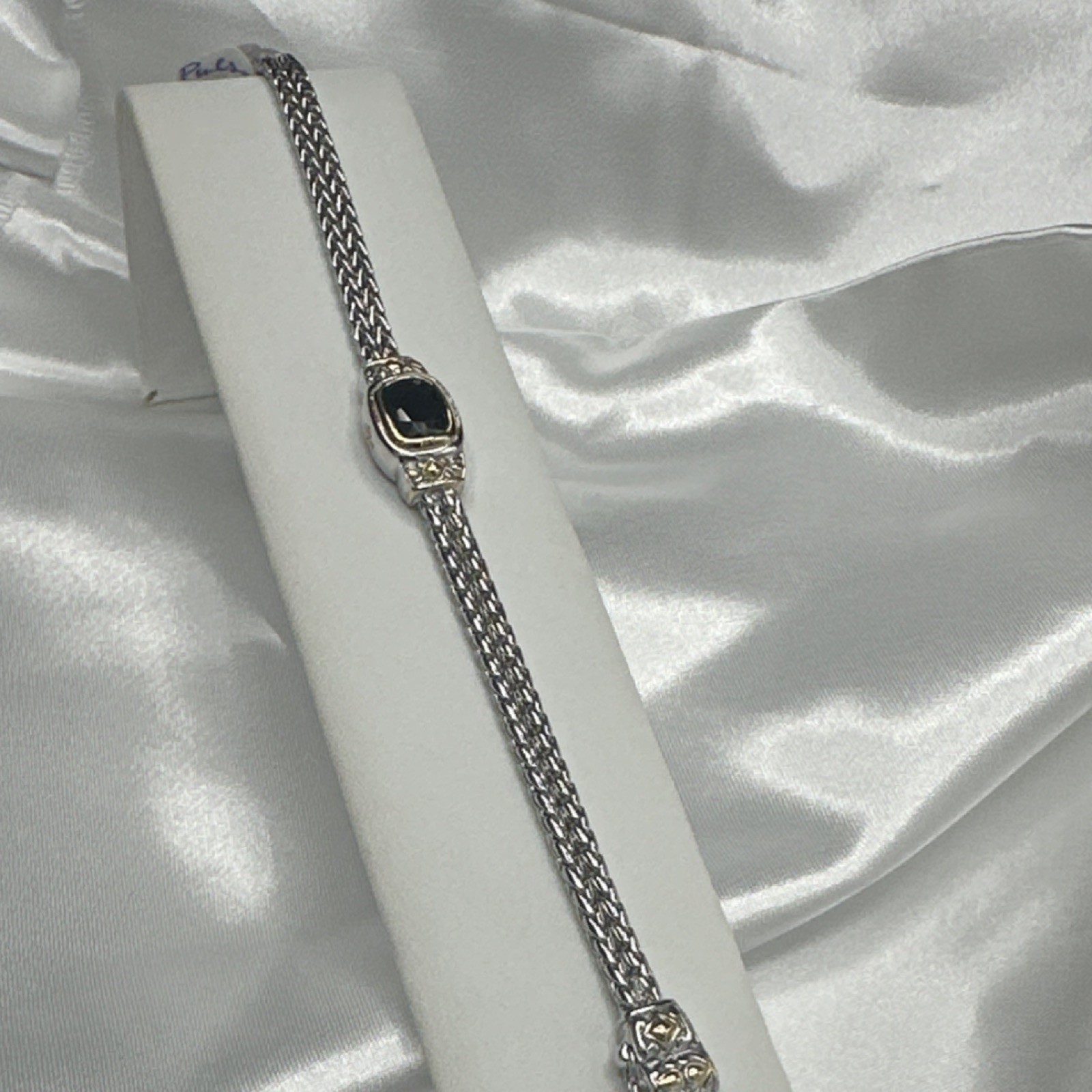 Silver-Gold Tone Chain Charm Bracelet Metal Adjustable with Black Cushion Stone